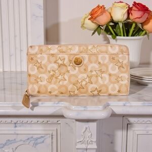 Coach Long Zip-aeound Wallet With Star Print In Tan, Beige & Gold Colorway